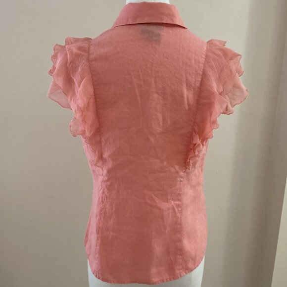 Tracy M 100% Linen Button Down Top Blouse Size S Salmon Ruffle Front Romantic - Picture 4 of 8